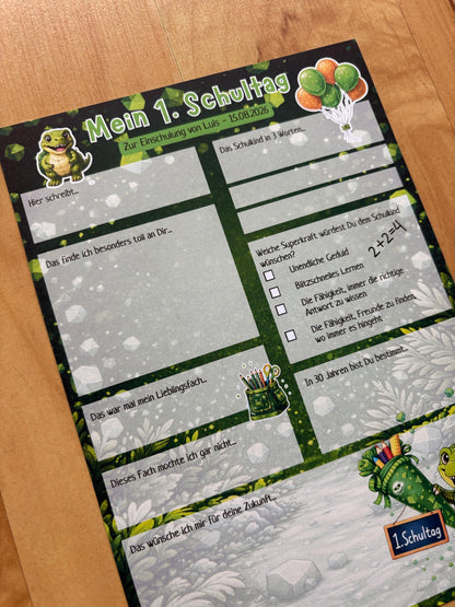 Personalisierte Dino Gästebuchkarten zur Einschulung mit Name & Datum – A5 Schulanfang Junge | 10–30 Stück | 200g oder 300g - MundS Design Shop
