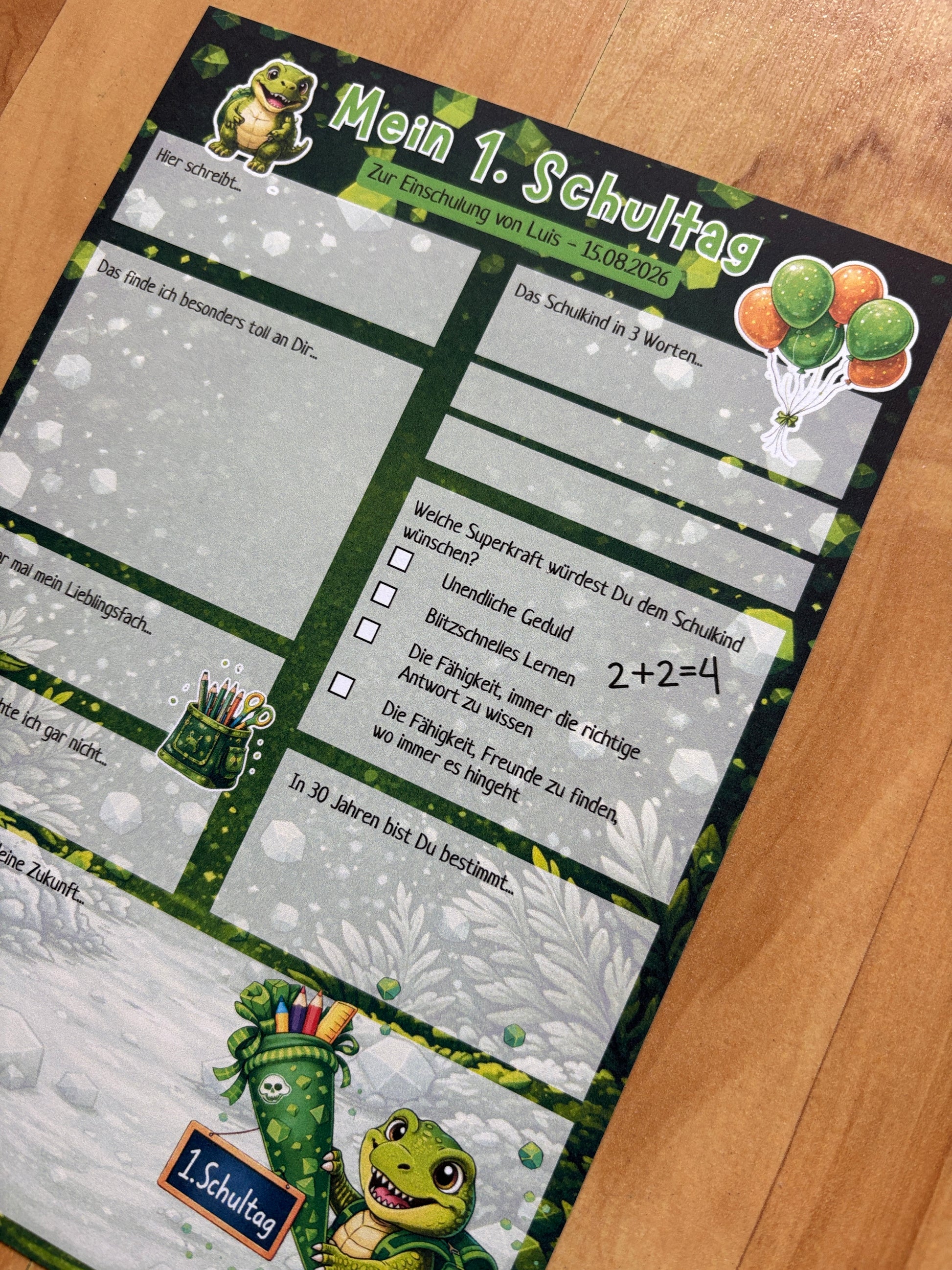 Personalisierte Dino Gästebuchkarten zur Einschulung mit Name & Datum – A5 Schulanfang Junge | 10–30 Stück | 200g oder 300g - MundS Design Shop