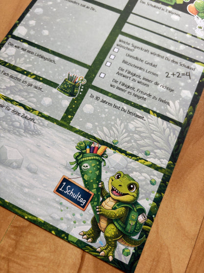 Personalisierte Dino Gästebuchkarten zur Einschulung mit Name & Datum – A5 Schulanfang Junge | 10–30 Stück | 200g oder 300g - MundS Design Shop