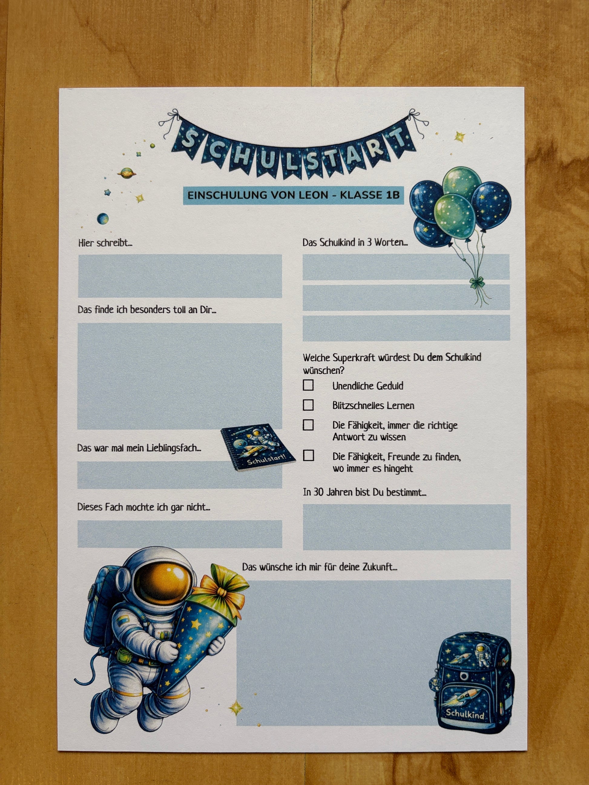 Personalisierte Schulstart Gästebuchkarten zur Einschulung mit Name & Klasse – Weltraum Astronaut A5 | 10–30 Stück - MundS Design Shop