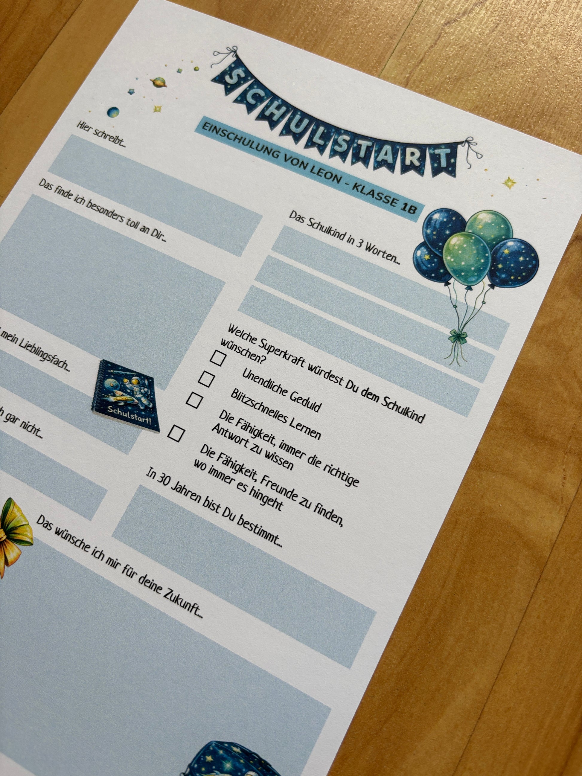 Personalisierte Schulstart Gästebuchkarten zur Einschulung mit Name & Klasse – Weltraum Astronaut A5 | 10–30 Stück - MundS Design Shop