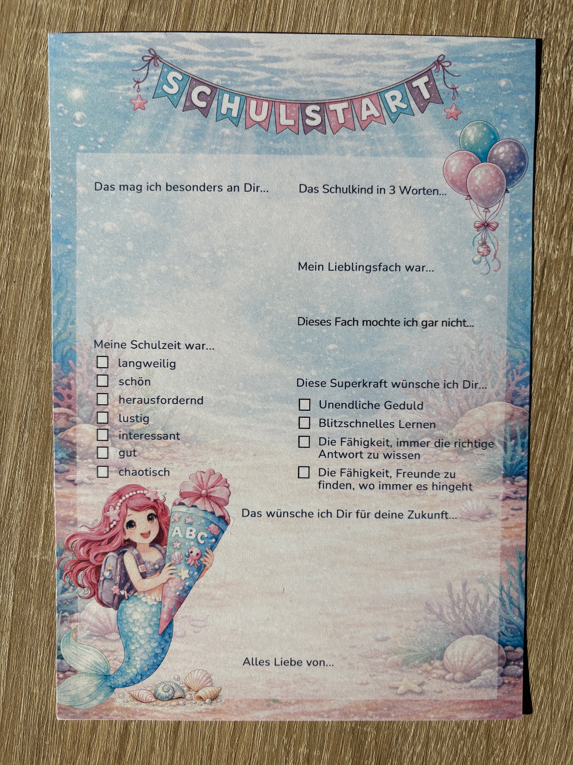 Meerjungfrau Gästebuchkarten zur Einschulung – Schulstart A5 | Haarfarbe wählbar | 10–30 Stück | 200g oder 300g - MundS Design Shop