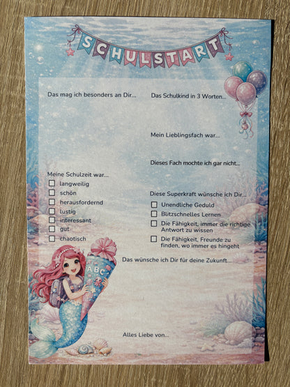 Meerjungfrau Gästebuchkarten zur Einschulung – Schulstart A5 | Haarfarbe wählbar | 10–30 Stück | 200g oder 300g - MundS Design Shop