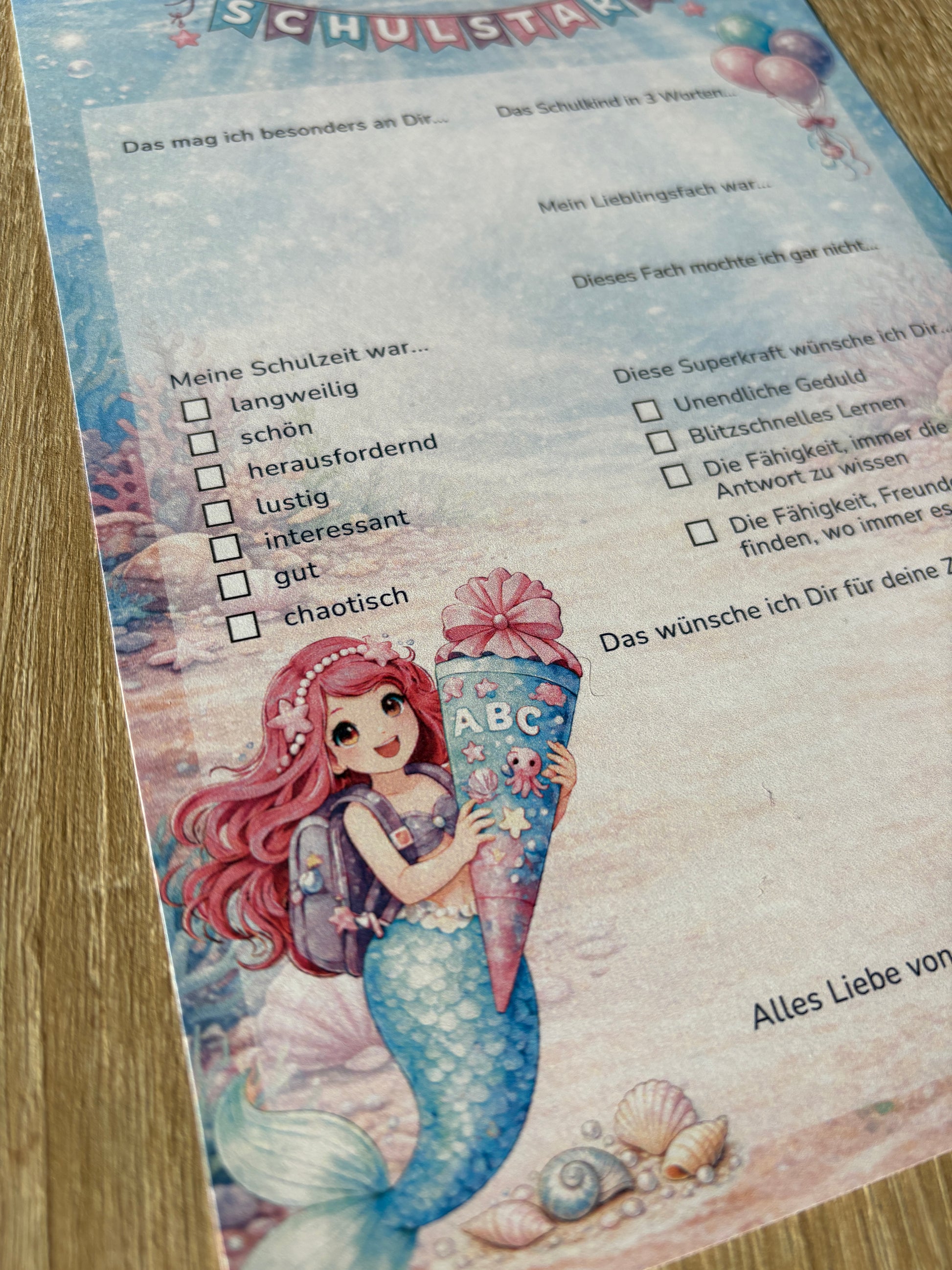 Meerjungfrau Gästebuchkarten zur Einschulung – Schulstart A5 | Haarfarbe wählbar | 10–30 Stück | 200g oder 300g - MundS Design Shop