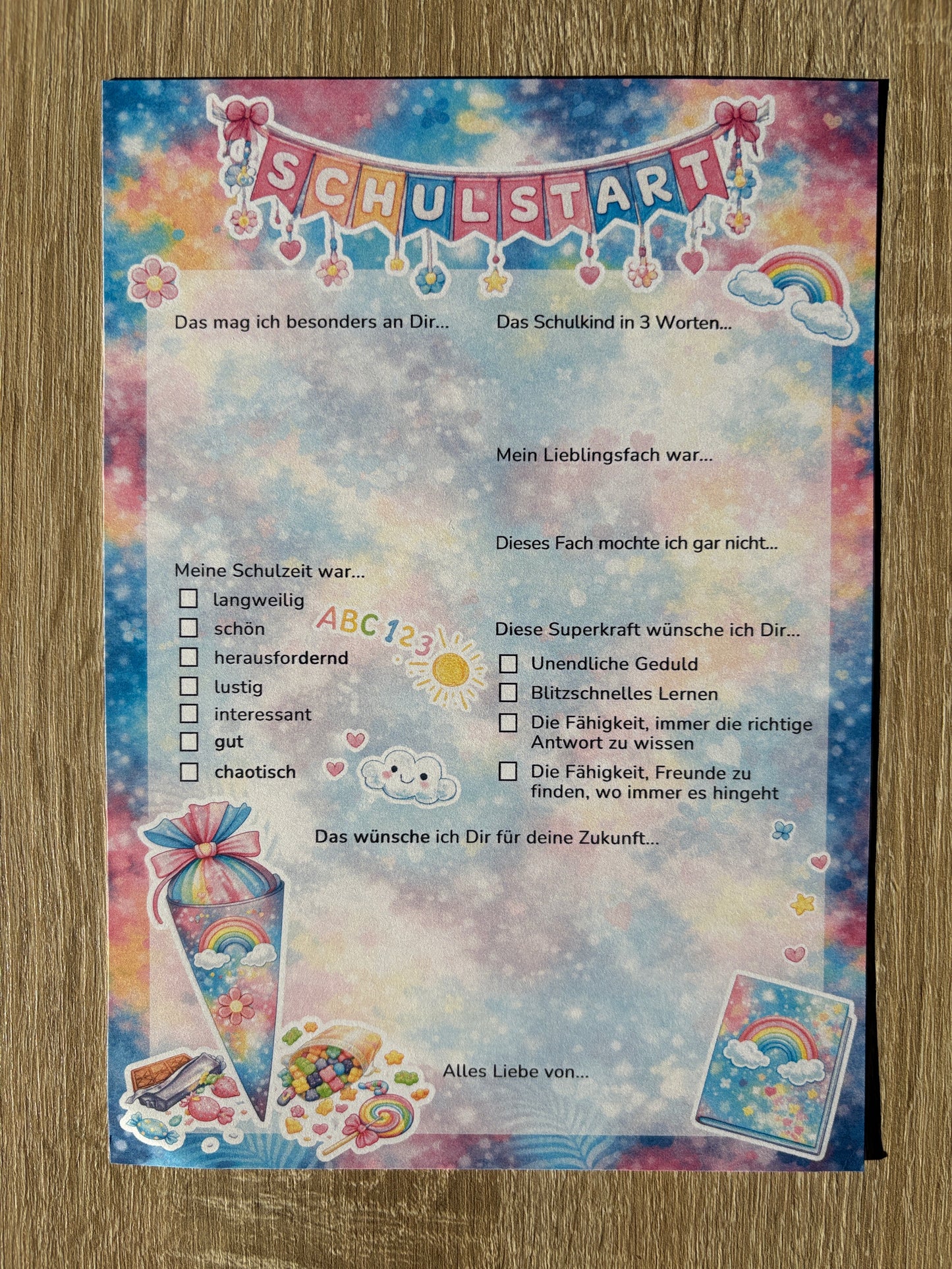 Regenbogen Gästebuchkarten zur Einschulung – Schulstart A5 | 10–30 Stück | 200g oder 300g Papier - MundS Design Shop