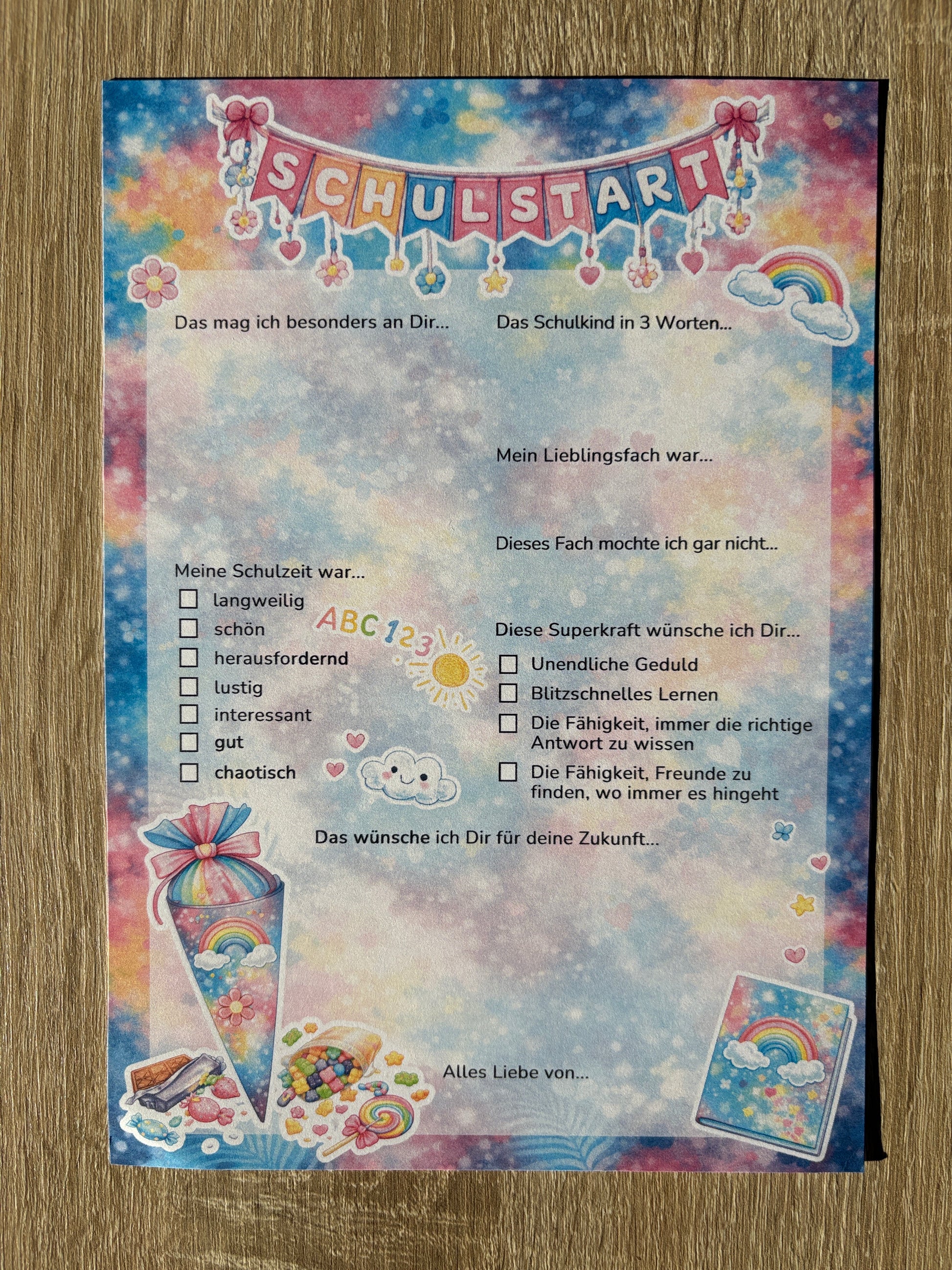 Regenbogen Gästebuchkarten zur Einschulung – Schulstart A5 | 10–30 Stück | 200g oder 300g Papier - MundS Design Shop