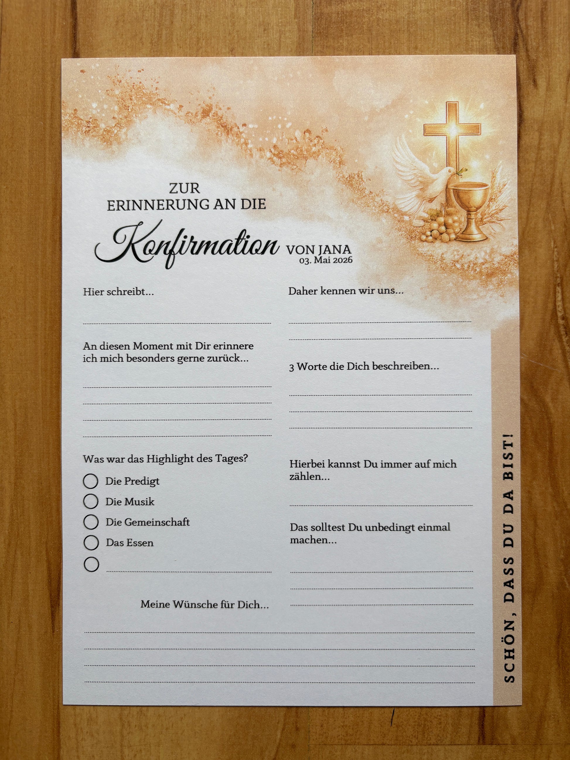 Personalisierte Gästebuchkarten in Beige-Gold zur Konfirmation, Kommunion & Jugendweihe – A5 Erinnerungskarten - MundS Design Shop