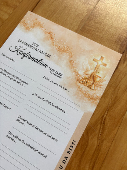 Personalisierte Gästebuchkarten in Beige-Gold zur Konfirmation, Kommunion & Jugendweihe – A5 Erinnerungskarten - MundS Design Shop