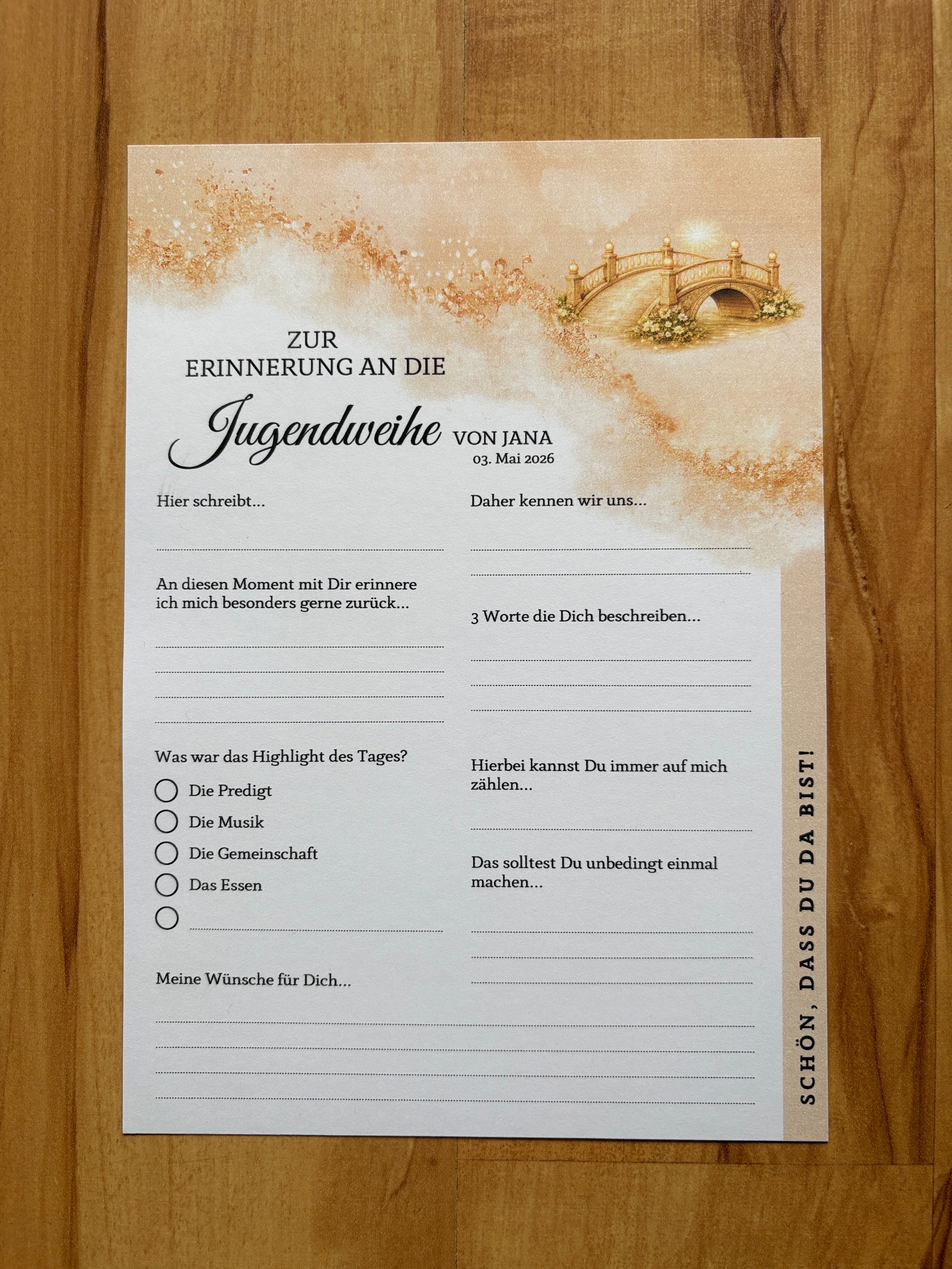 Personalisierte Gästebuchkarten in Beige-Gold zur Konfirmation, Kommunion & Jugendweihe – A5 Erinnerungskarten - MundS Design Shop