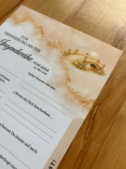 Personalisierte Gästebuchkarten in Beige-Gold zur Konfirmation, Kommunion & Jugendweihe – A5 Erinnerungskarten - MundS Design Shop