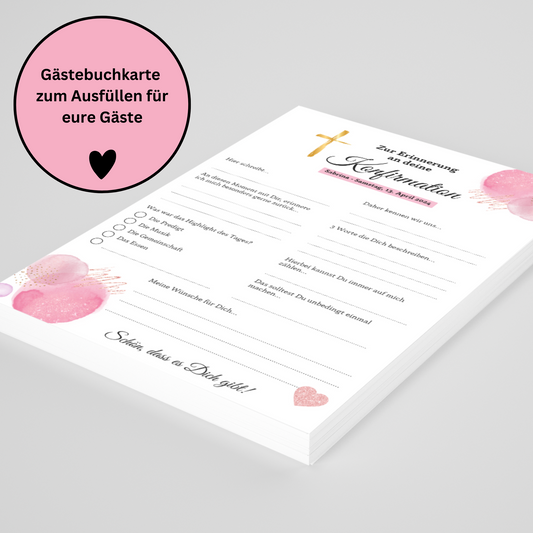 Gästebuchkarten rosa für die Konfirmation, Kommunion oder Jugendweihe als Andenken / Erinnerungen - A5 - MundS Design Shop