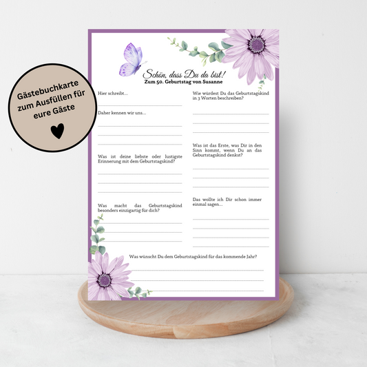 Gästebuchkarten für den Geburtstag Blume personalisierbar - MundS Design Shop