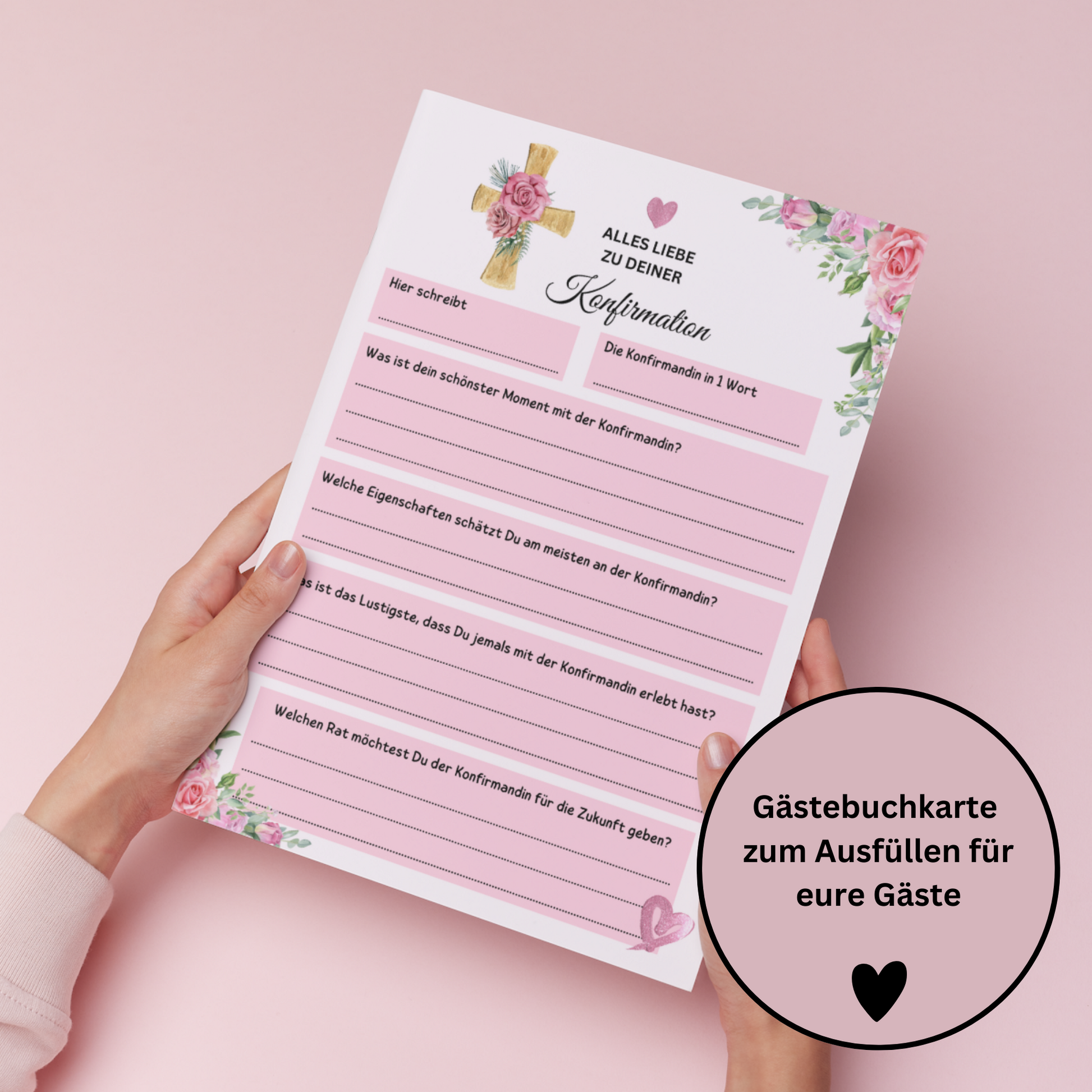 Gästebuchkarten rosa für die Konfirmation, Kommunion oder Jugendweihe als Andenken / Erinnerungen - A5 - MundS Design Shop