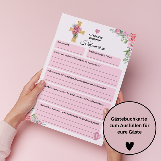 Gästebuchkarten rosa für die Konfirmation, Kommunion oder Jugendweihe als Andenken / Erinnerungen - A5 - MundS Design Shop