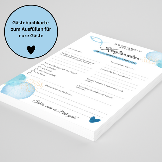 Gästebuchkarten blau für die Konfirmation, Kommunion oder Jugendweihe als Andenken / Erinnerungen - A5 - MundS Design Shop