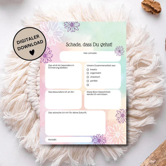 Geschenk zum Abschied oder Rente für die Kollegin/den Kollegen, Bleibende Erinnerung, Karten zum Ausfüllen - MundS Design Shop