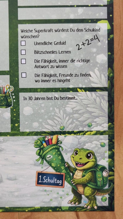 Personalisierte Dino Gästebuchkarten zur Einschulung mit Name & Datum – A5 Schulanfang Junge | 10–30 Stück | 200g oder 300g