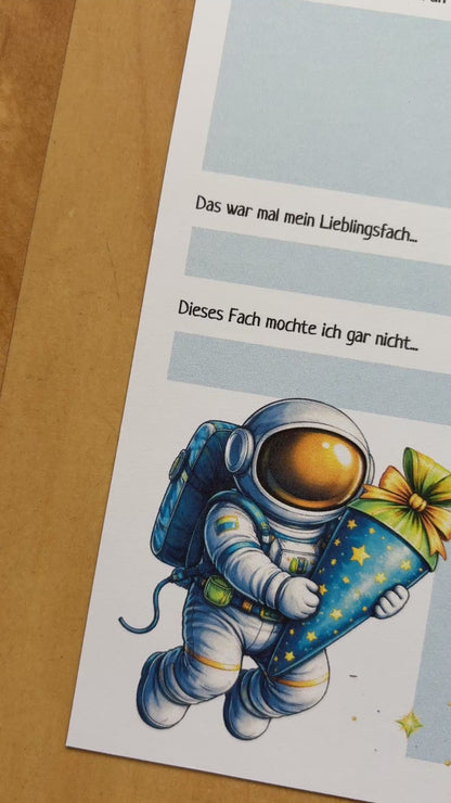 Personalisierte Schulstart Gästebuchkarten zur Einschulung mit Name & Klasse – Weltraum Astronaut A5 | 10–30 Stück