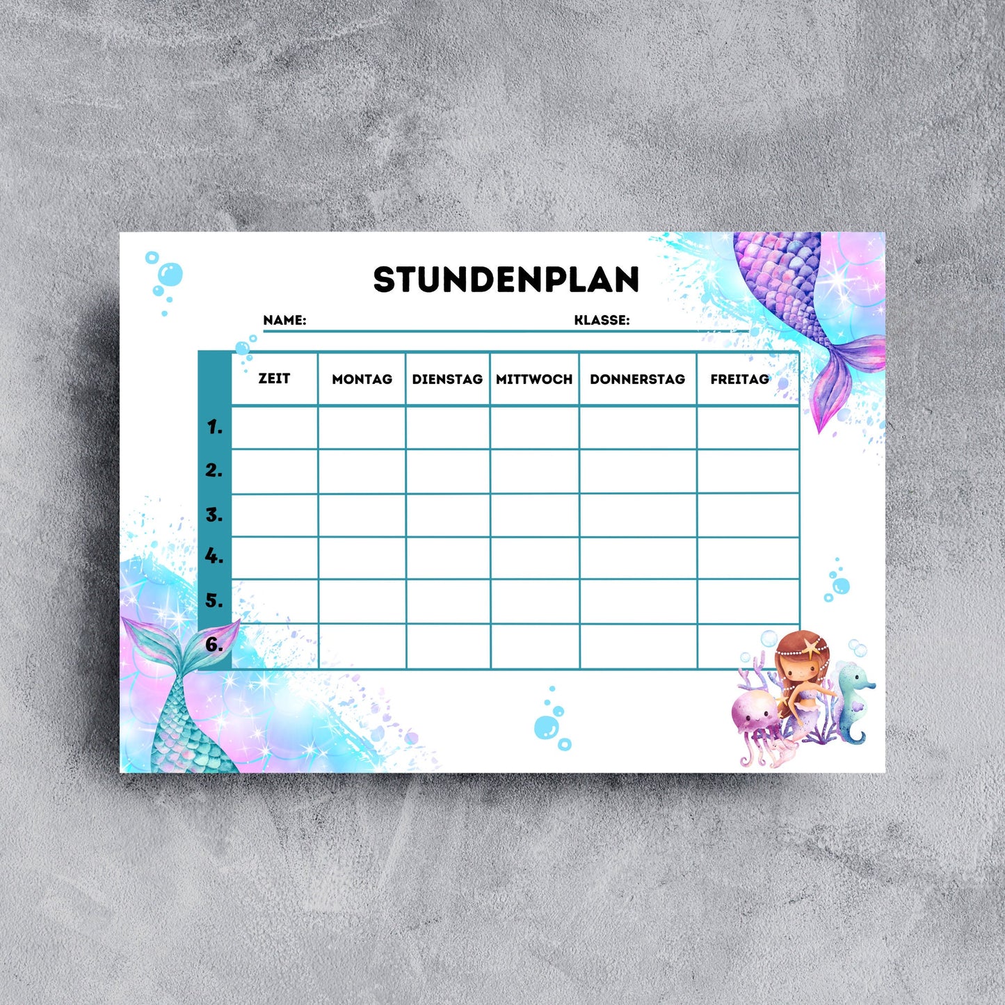 Stundenplan "Meerjungfrau/Mermaid" für Mädchen für die Grundschule/Einschulung zum selber Ausdrucken - MundS Design Shop