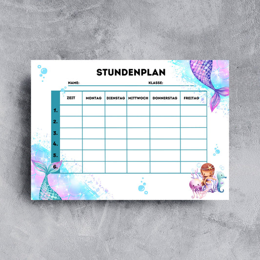 Stundenplan "Meerjungfrau/Mermaid" für Mädchen für die Grundschule/Einschulung zum selber Ausdrucken - MundS Design Shop