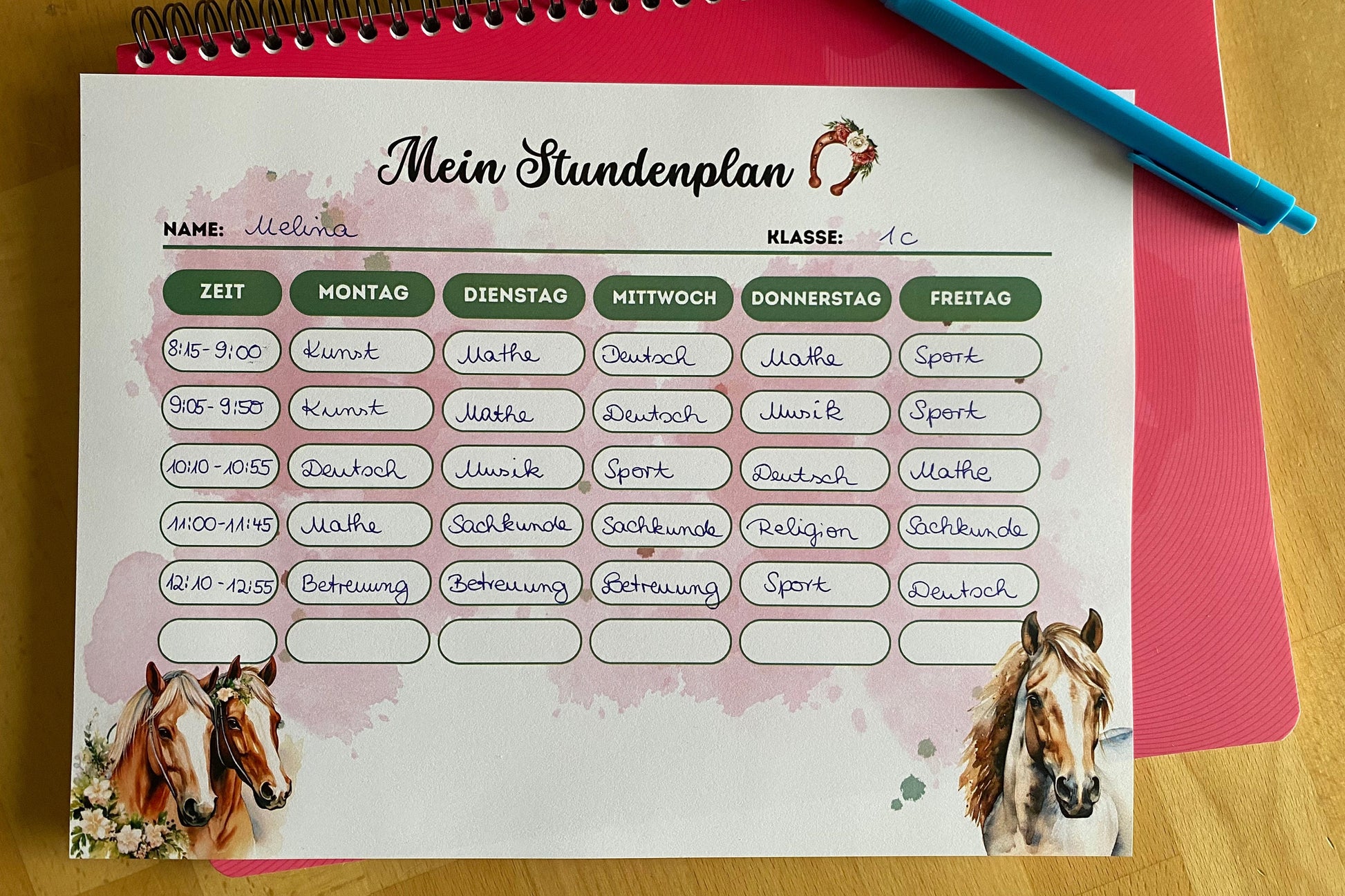 Stundenplan "Pferde/Pony" für Mädchen für die Grundschule/Einschulung zum selber Ausdrucken - MundS Design Shop