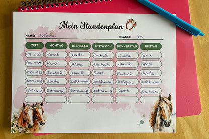 Stundenplan "Pferde/Pony" für Mädchen für die Grundschule/Einschulung zum selber Ausdrucken - MundS Design Shop