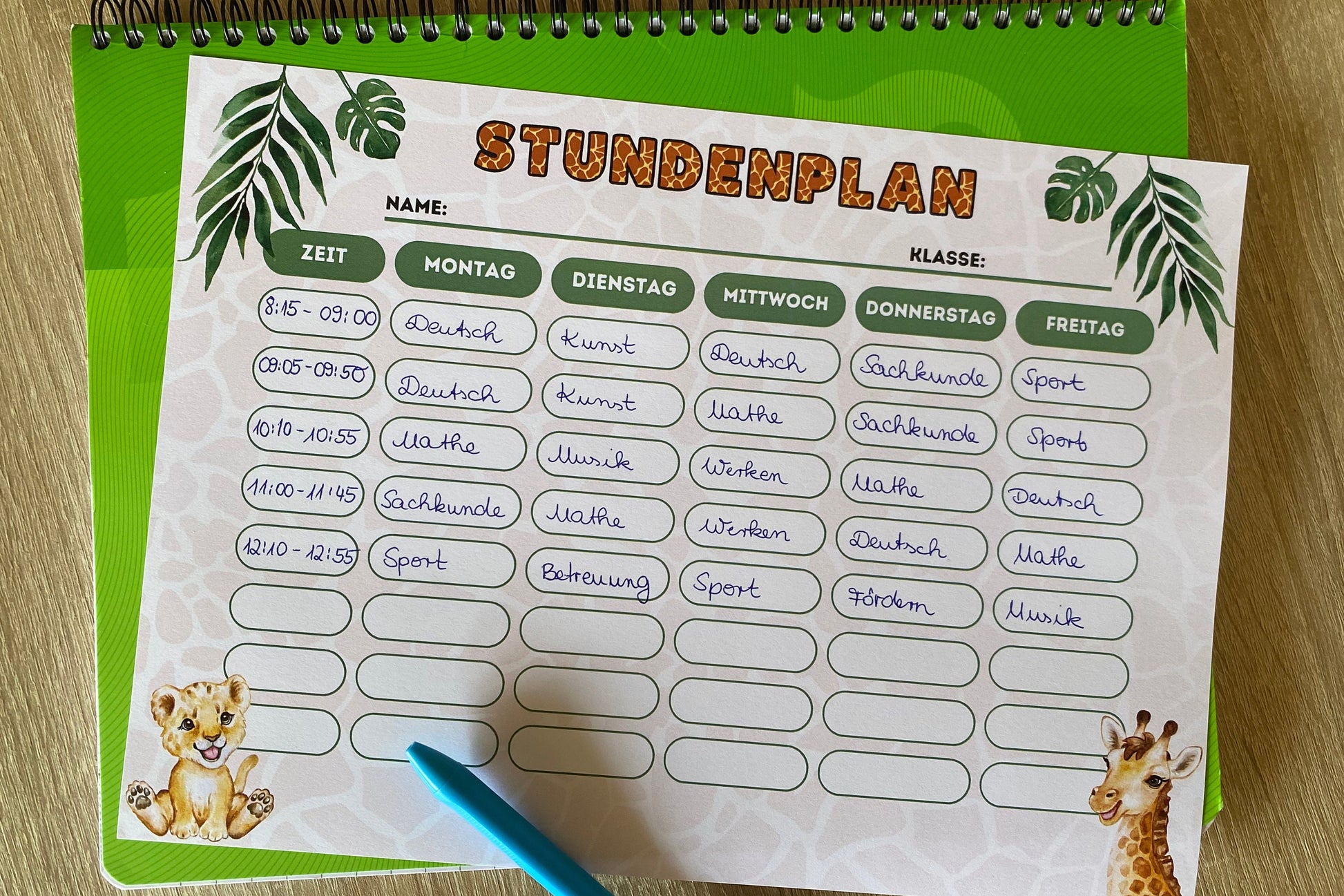 Stundenplan "Safari/Tiere" für die Grundschule/Einschulung zum selber Ausdrucken - MundS Design Shop