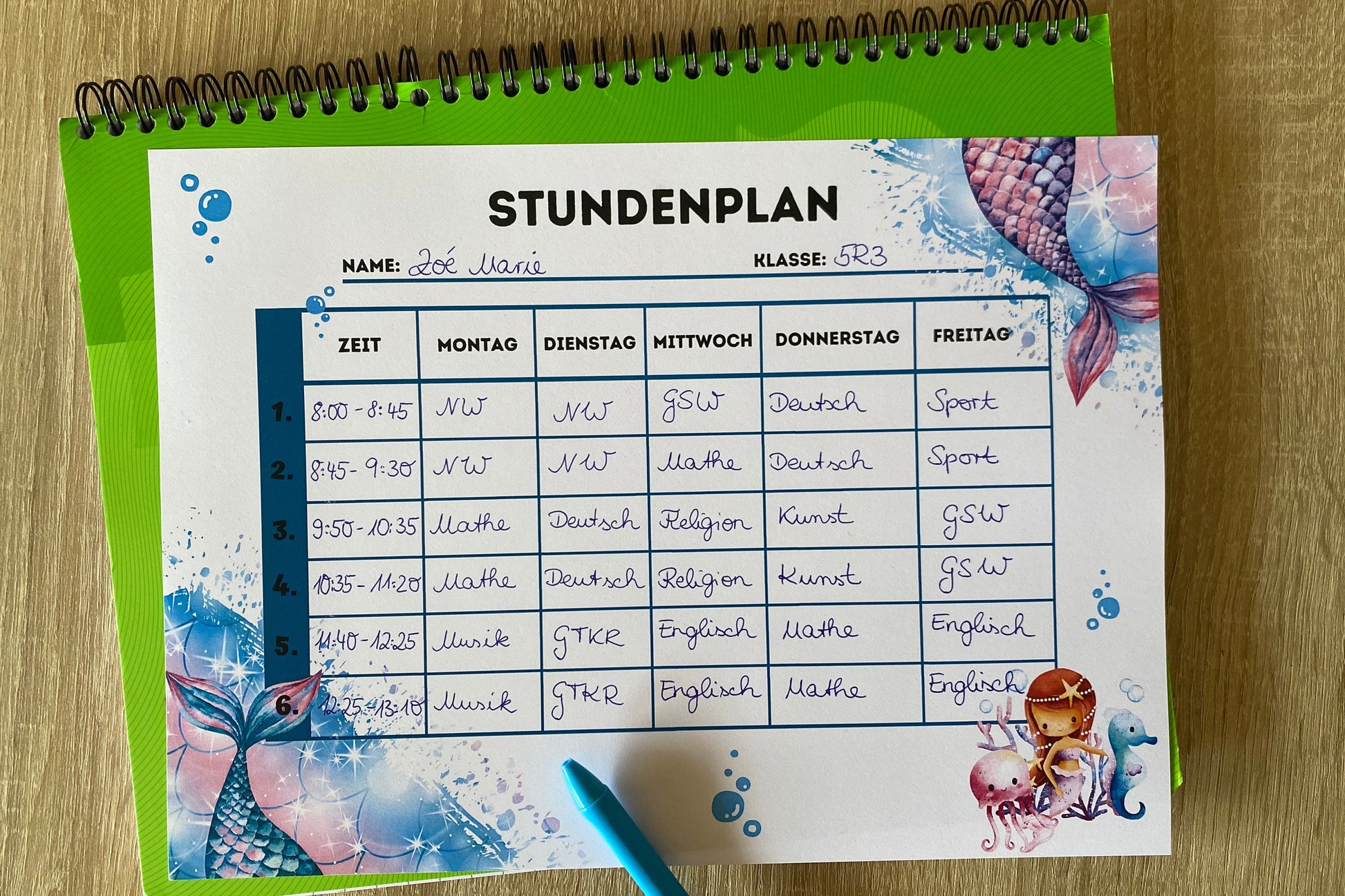 Stundenplan "Meerjungfrau/Mermaid" für Mädchen für die Grundschule/Einschulung zum selber Ausdrucken - MundS Design Shop