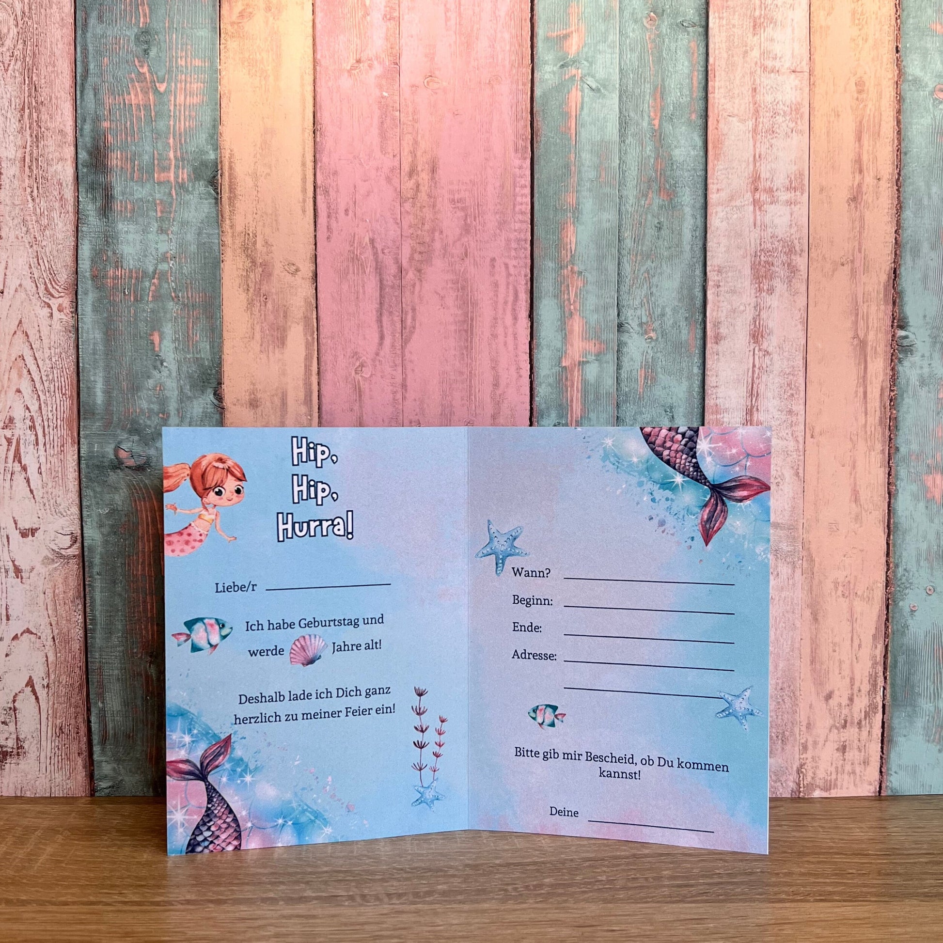 Einladungskarte als Klappkarte für Mädchen-Kindergeburtstag | Motiv Meerjungfrau/Mermaid - MundS Design Shop
