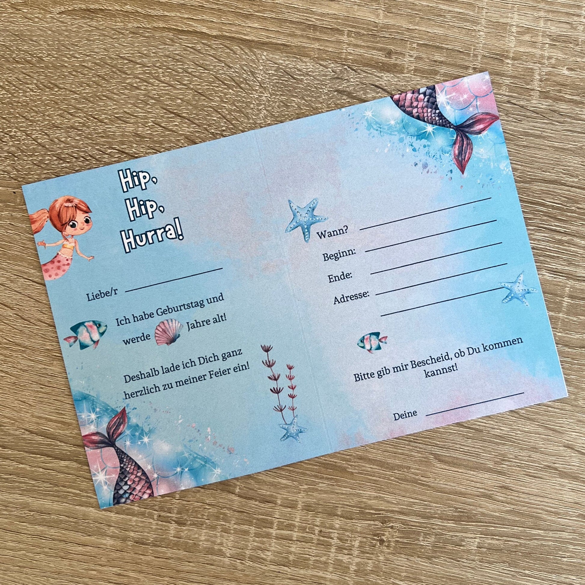 Einladungskarte als Klappkarte für Mädchen-Kindergeburtstag | Motiv Meerjungfrau/Mermaid - MundS Design Shop