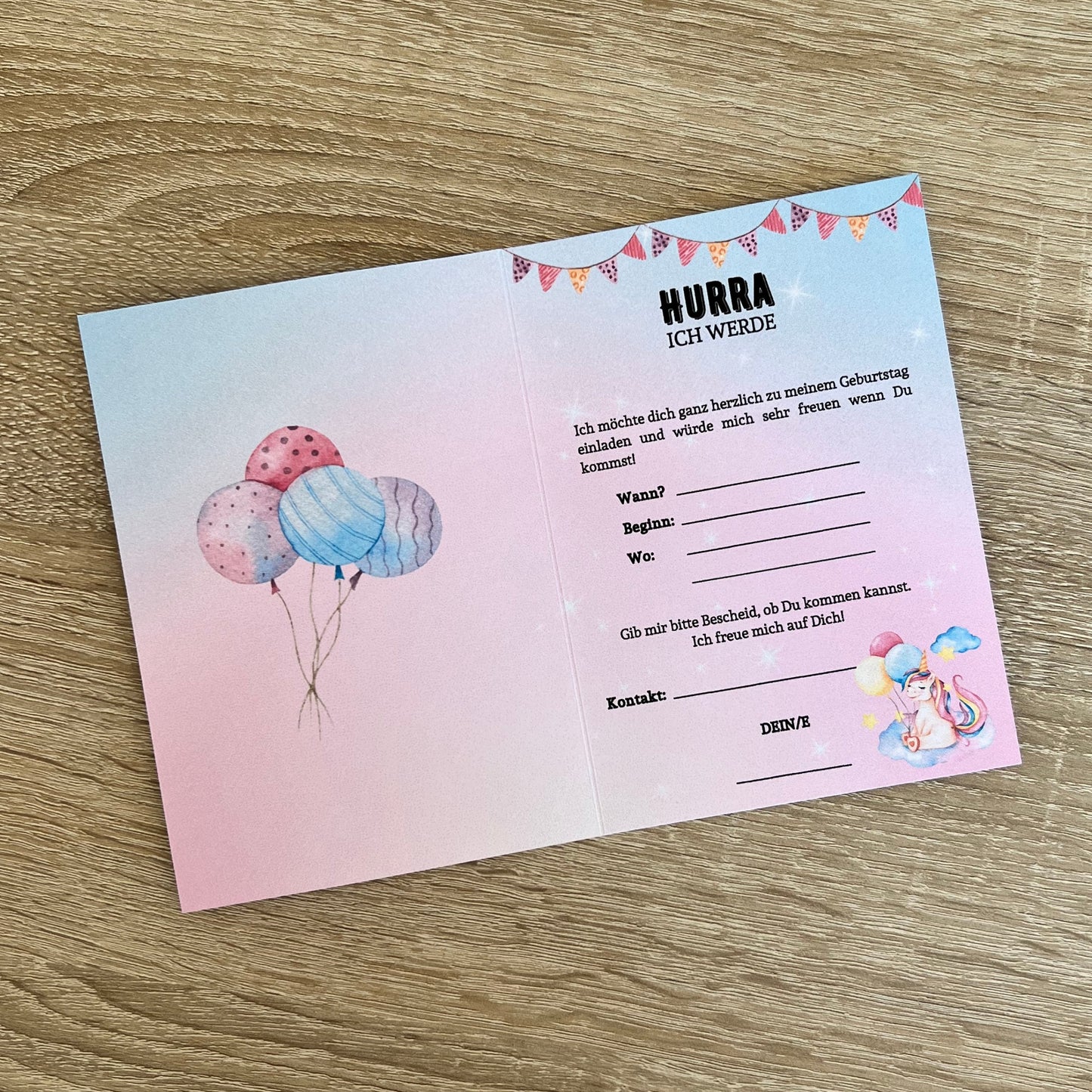 Einladungskarte als Klappkarte für Mädchen-Kindergeburtstag | Motiv Einhorn - MundS Design Shop
