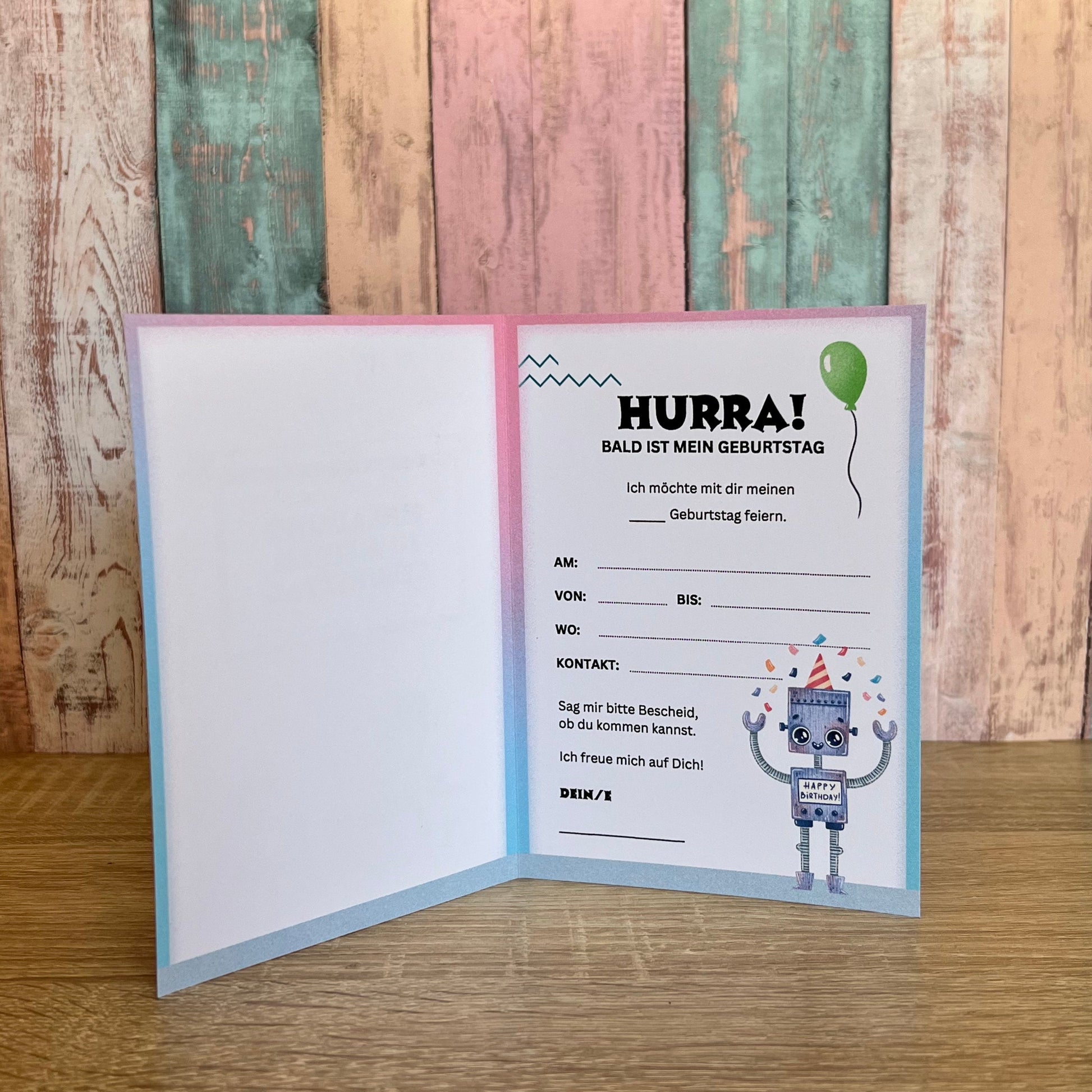 Einladungskarte als Klappkarte für Kindergeburtstag | Motiv Roboter - MundS Design Shop