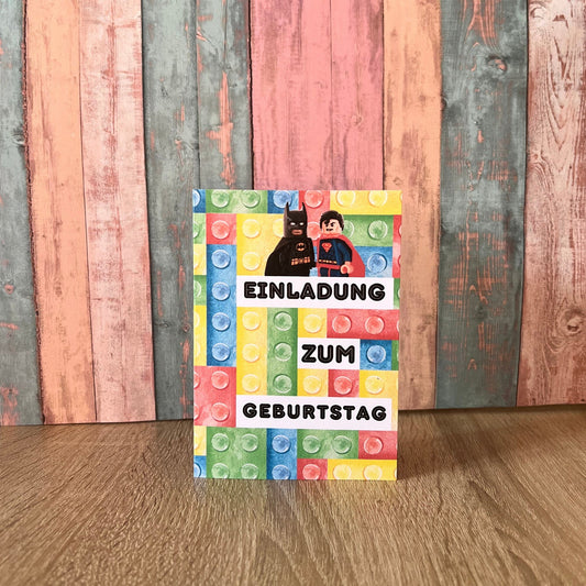 Einladungskarte als Klappkarte personalisiert für Kindergeburtstag | Motiv Bausteine - MundS Design Shop