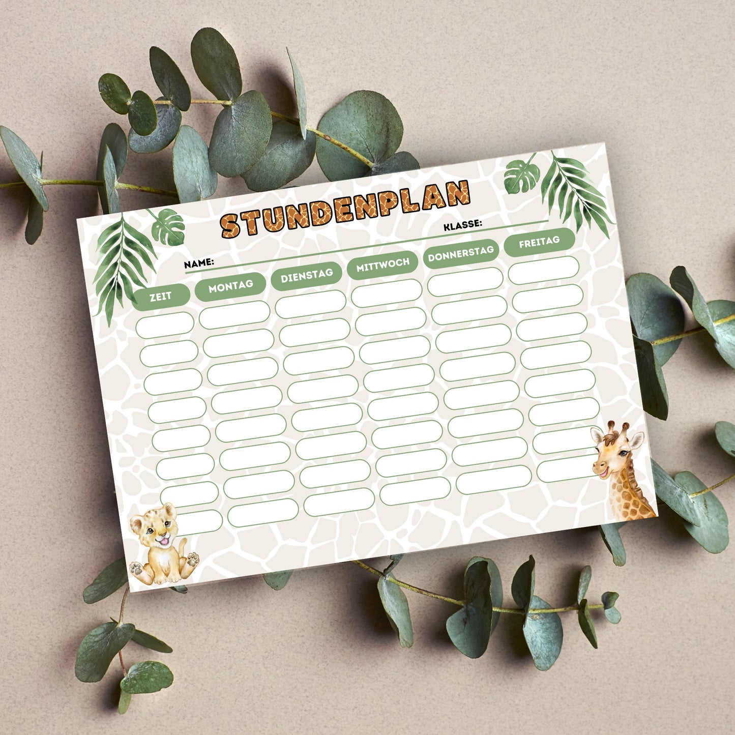 Stundenplan "Safari/Tiere" für die Grundschule/Einschulung zum selber Ausdrucken - MundS Design Shop
