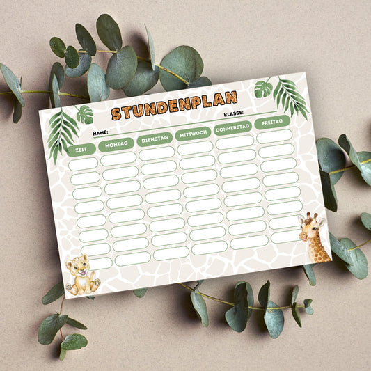 Stundenplan "Safari/Tiere" für die Grundschule/Einschulung zum selber Ausdrucken - MundS Design Shop