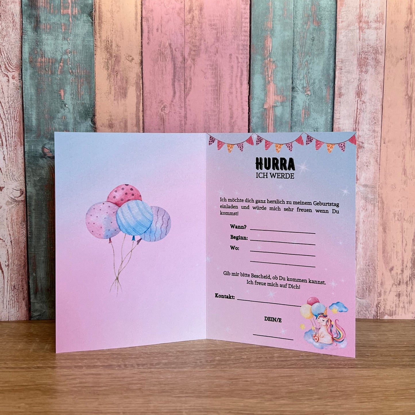 Einladungskarte als Klappkarte für Mädchen-Kindergeburtstag | Motiv Einhorn - MundS Design Shop