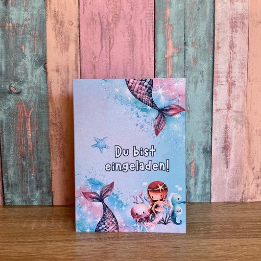 Einladungskarte als Klappkarte für Mädchen-Kindergeburtstag | Motiv Meerjungfrau/Mermaid - MundS Design Shop