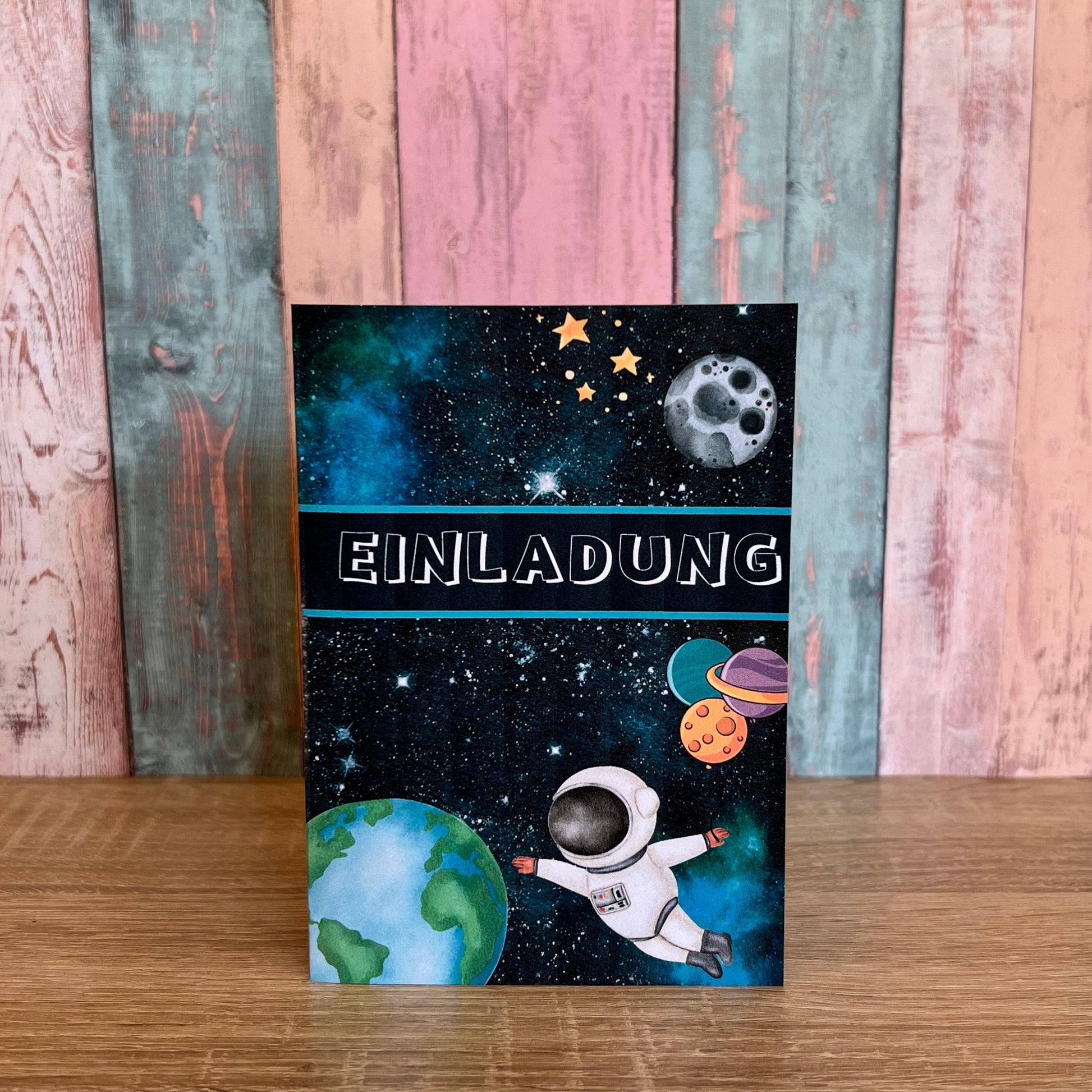 Einladungskarte als Klappkarte für Kindergeburtstag | Motiv Astronaut/Weltall/Planeten - MundS Design Shop