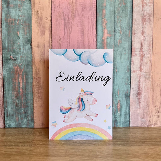 Einladungskarte als Klappkarte für Mädchen-Kindergeburtstag | Motiv Einhorn & Regenbogen - MundS Design Shop