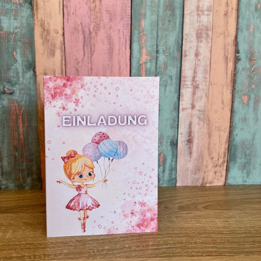 Einladungskarte als Klappkarte für Kindergeburtstag | Motiv Ballerina mit Luftballons - MundS Design Shop